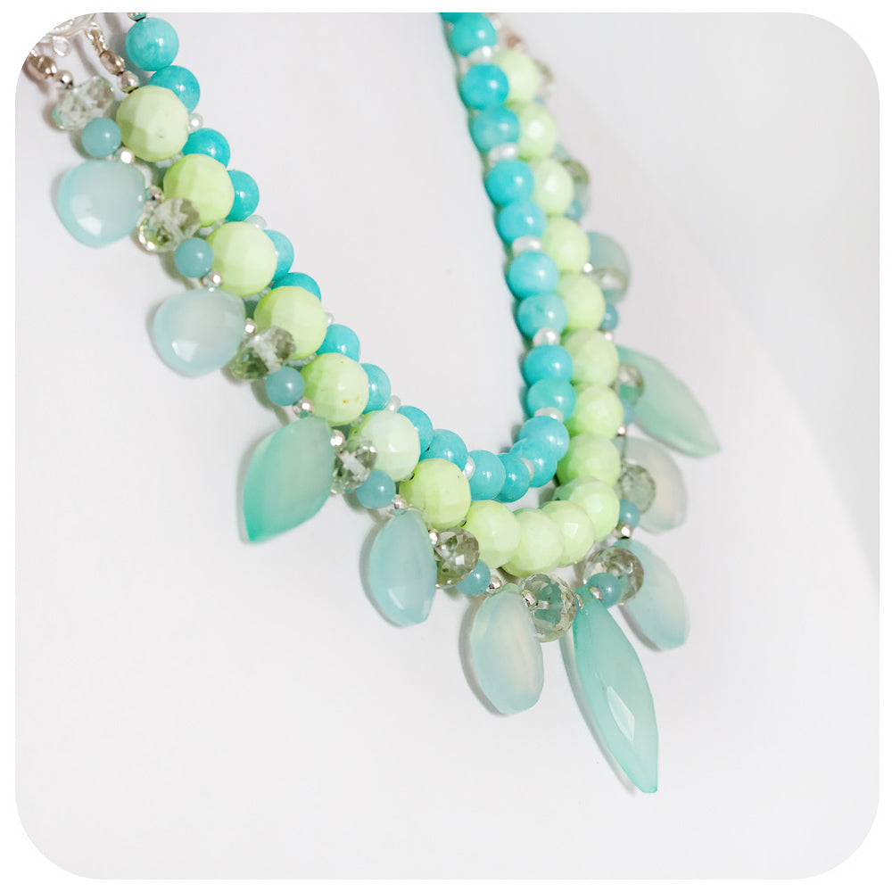 The Feathered Chalcedony, Chrysopraise and Amazonite Necklace with White Fresh Water Pearls - Victoria's Jewellery