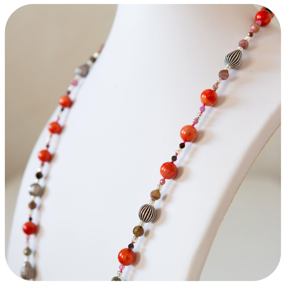 Coral, Tourmaline and Silver detail Necklace with Hematite - Victoria's Jewellery
