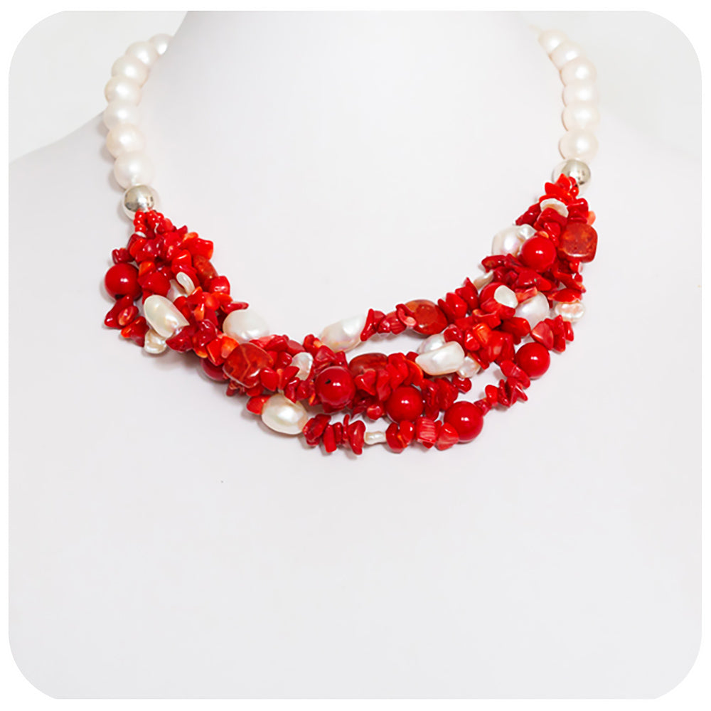 Bright Red Coral and Fresh Water Pearl Necklace - Victoria's Jewellery