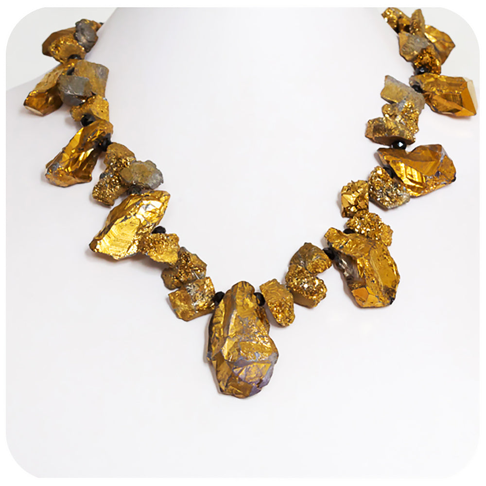 Gold Druzy Quartz and Spinel Rough Stone Necklace