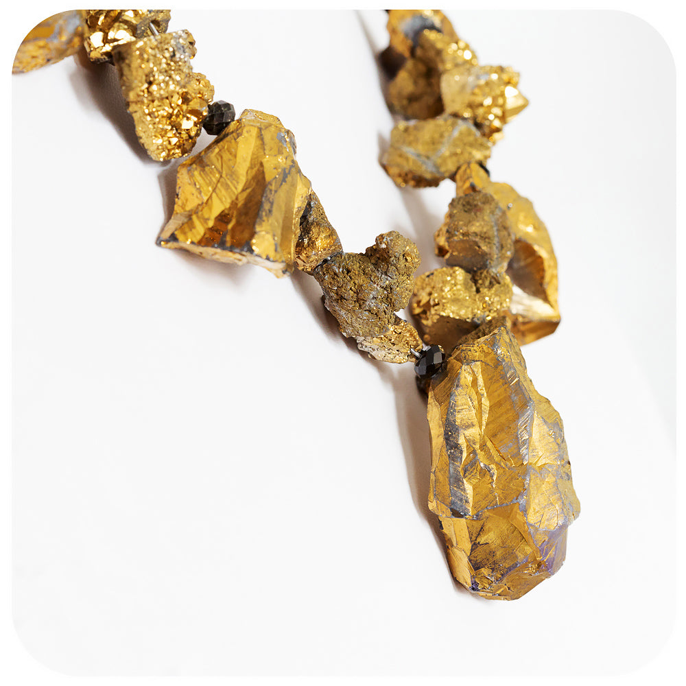 Gold Druzy Quartz and Spinel Rough Stone Necklace