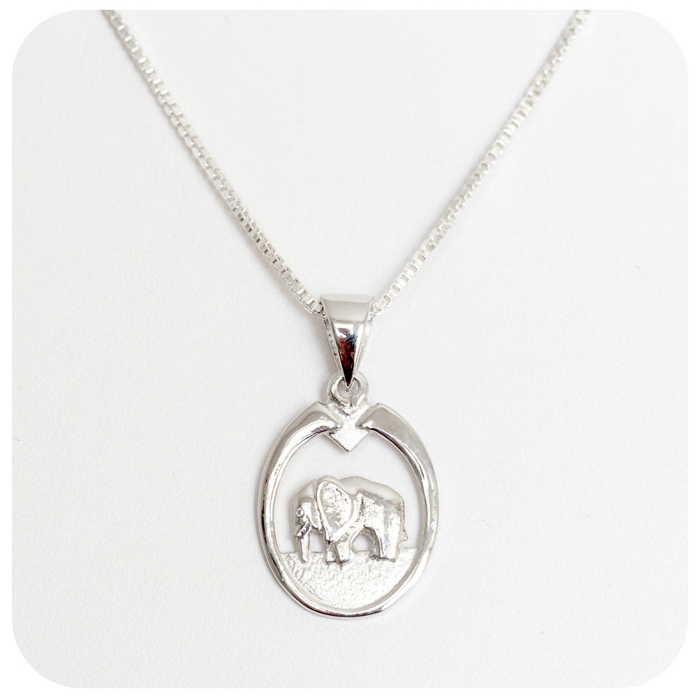 Sterling Silver Elephant Pendant with Tusk Frame Design - Victoria's Jewellery