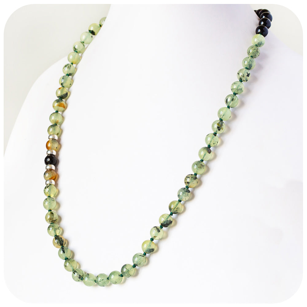 Prehnite and Onyx Bead Necklace with Silver Detail