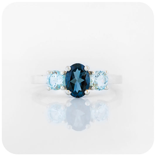 Oval cut London and Sky Blue Topaz Trilogy Engagement Ring - Victoria's Jewellery