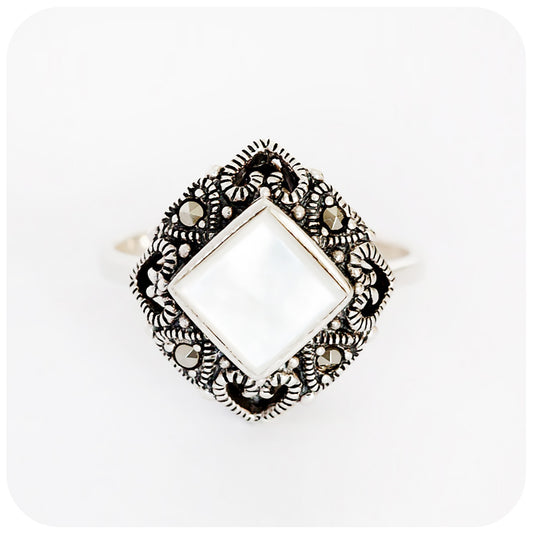 Square cut White Mother of Pearl and Marcasite Halo Ring - Victoria's Jewellery