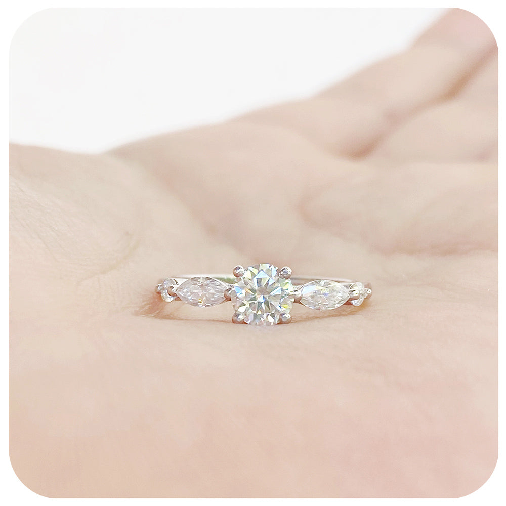 Brilliant Round and Marquise cut Moissanite Engagement Wedding Ring - Victoria's Jewellery