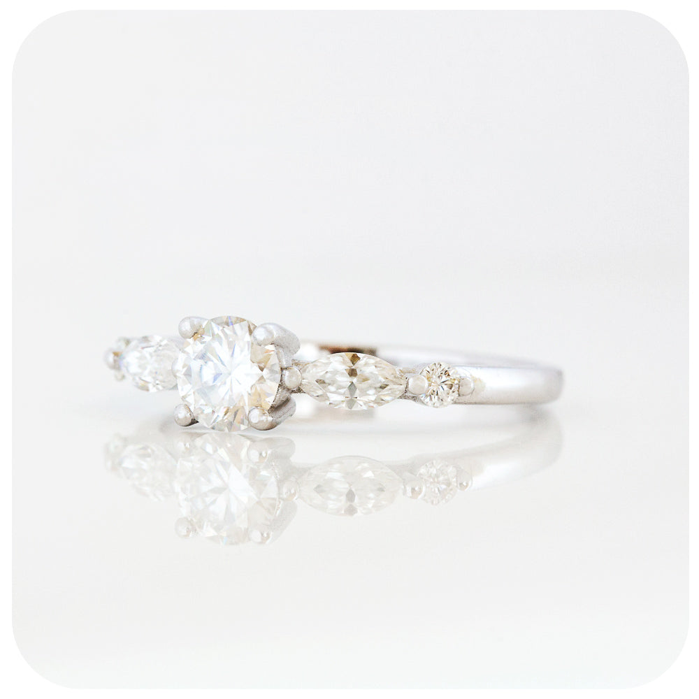 Brilliant Round and Marquise cut Moissanite Engagement Wedding Ring - Victoria's Jewellery