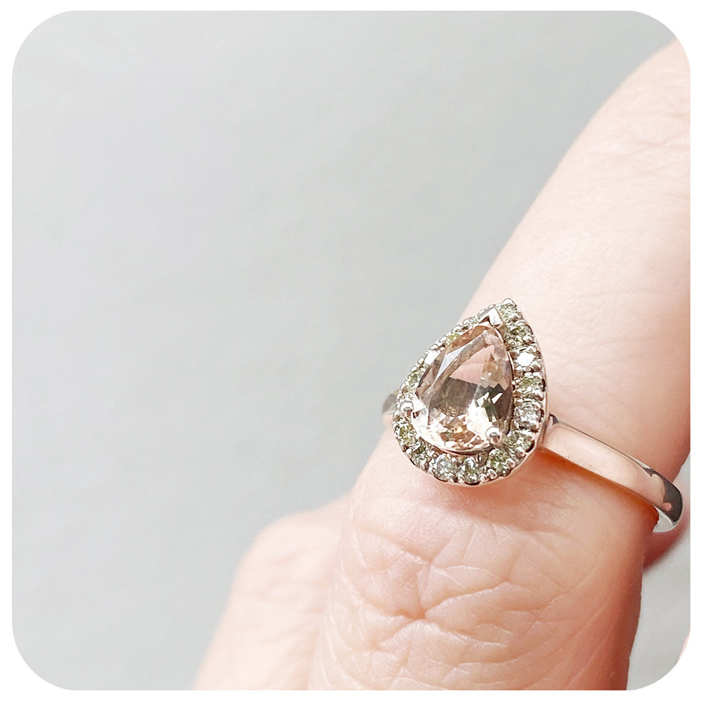 Pear cut Morganite and Moissanite Halo Engagement Wedding Ring - Victoria's Jewellery