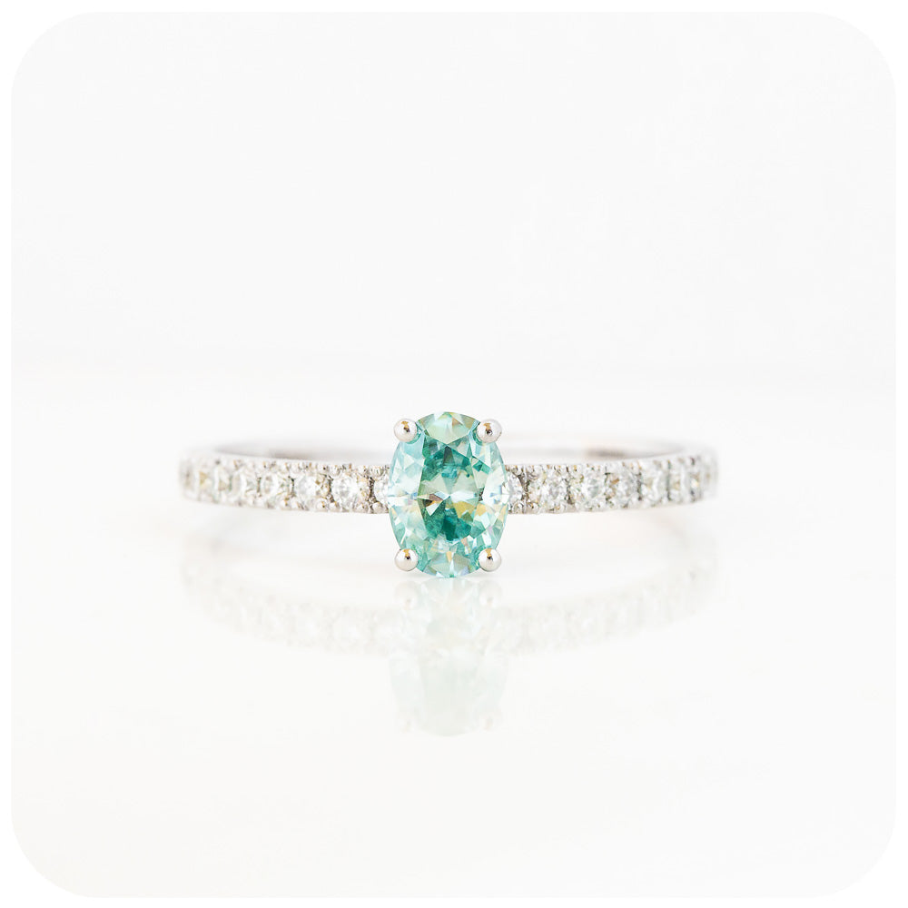 oval cut light blue moissanite with white shoulder accent stone engagement ring - Victoria's Jewellery