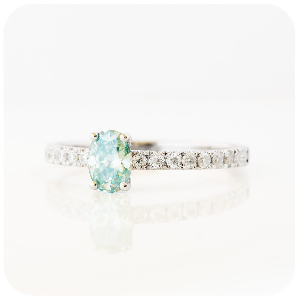 oval cut light blue moissanite with white shoulder accent stone engagement ring - Victoria's Jewellery