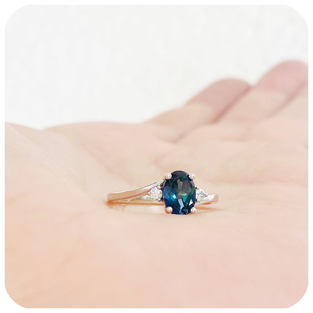 Oval cut London Blue Topaz and Lab Diamond Trilogy Engagement Ring in White Gold - Victoria's Jewellery