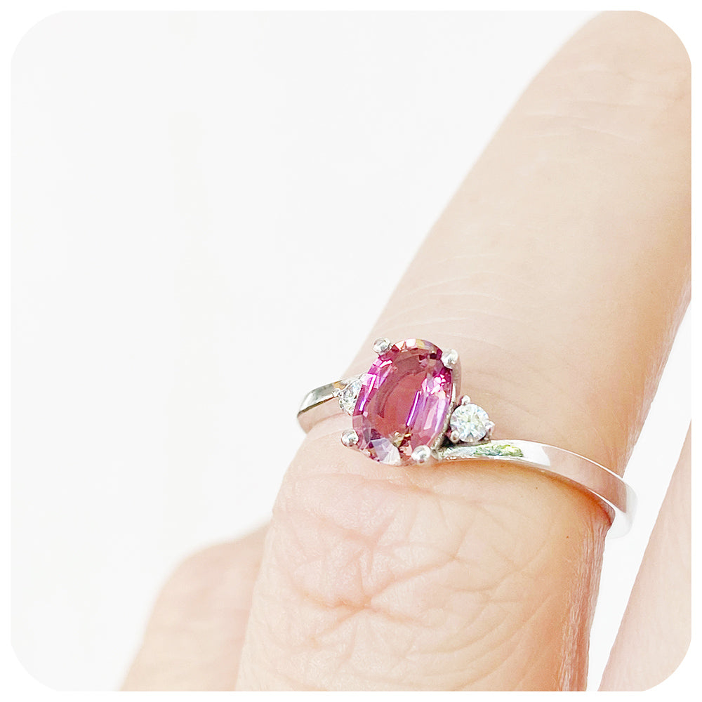 Oval cut Pink Tourmaline and Moissanite Trilogy Engagement Wedding Ring - Victoria's Jewellery