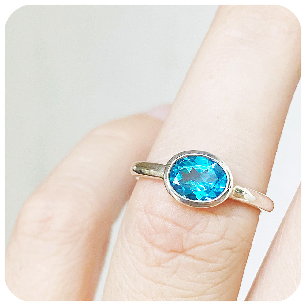 Oval cut Swiss Blue Topaz Tube set Stack Ring - Victoria's Jewellery