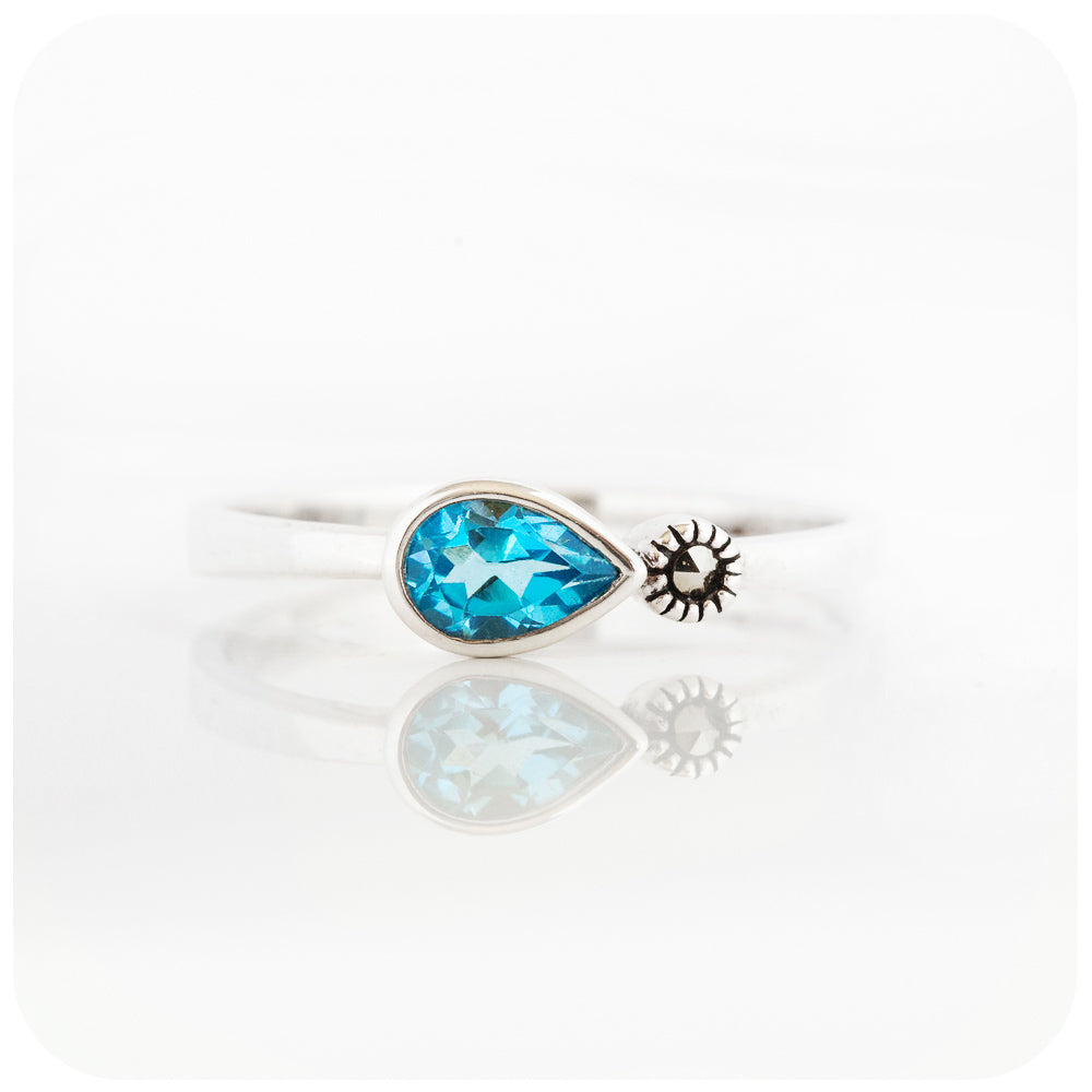 Pear cut Swiss Blue Topaz and Marcasite Stack Ring in Sterling Silver