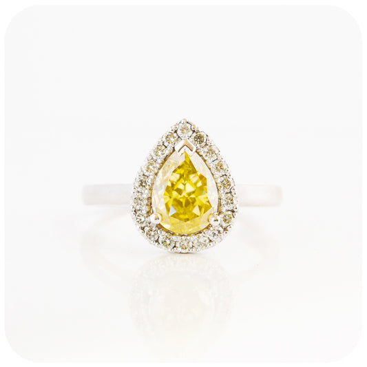 Fancy Yellow Pear cut Moissanite and Halo Engagement Wedding Ring - Victoria's Jewellery