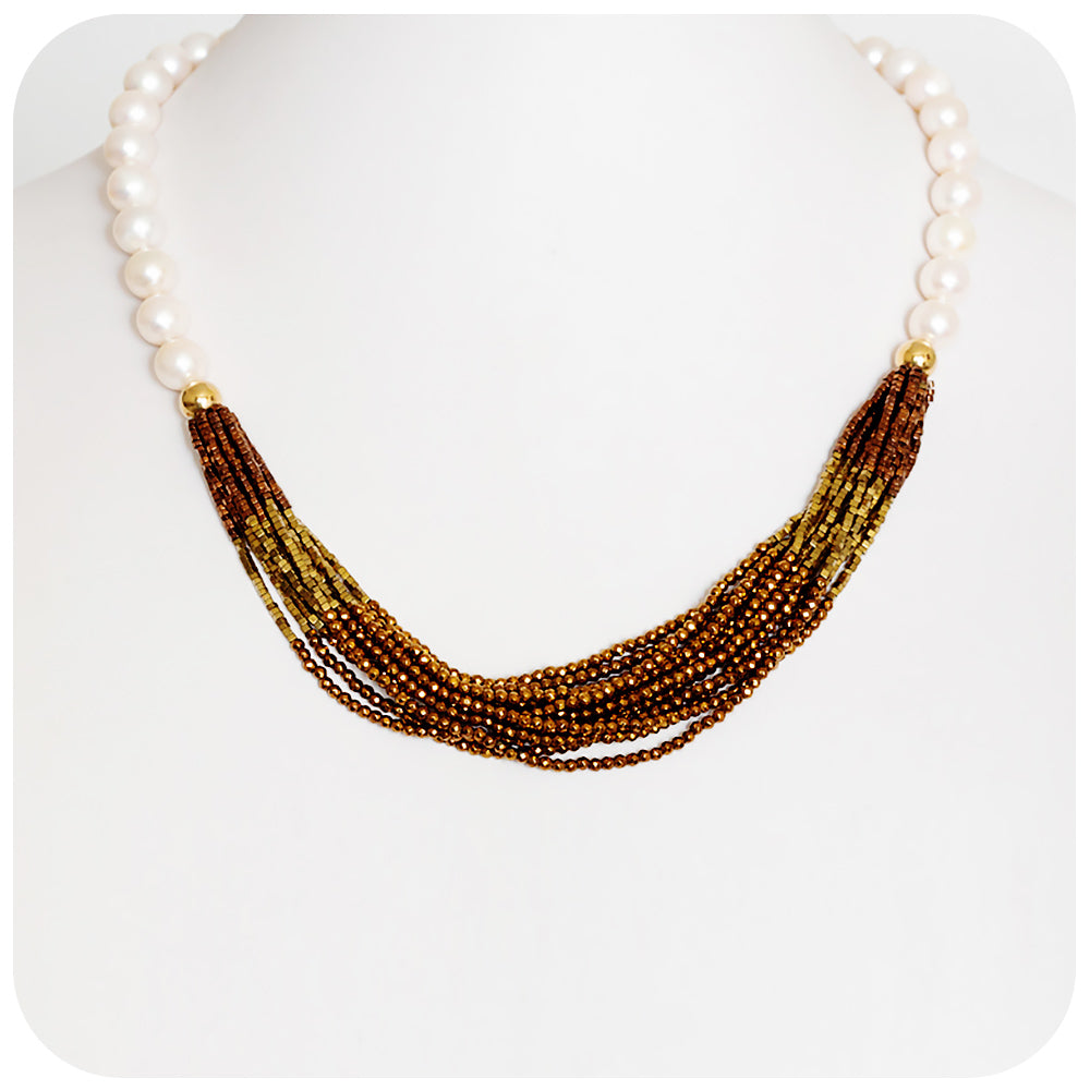 White Fresh Water Pearl and Gold Pyrite Necklace - Victoria's Jewellery