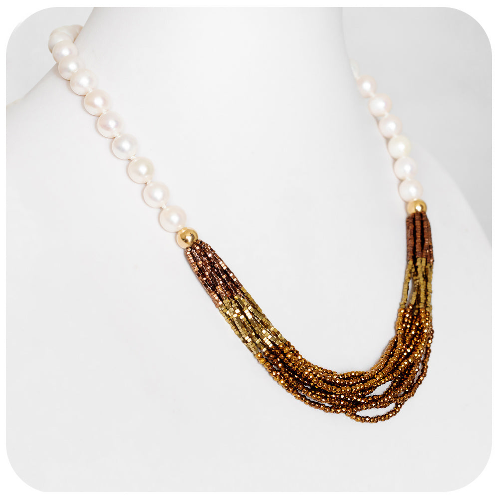 White Fresh Water Pearl and Gold Pyrite Necklace - Victoria's Jewellery