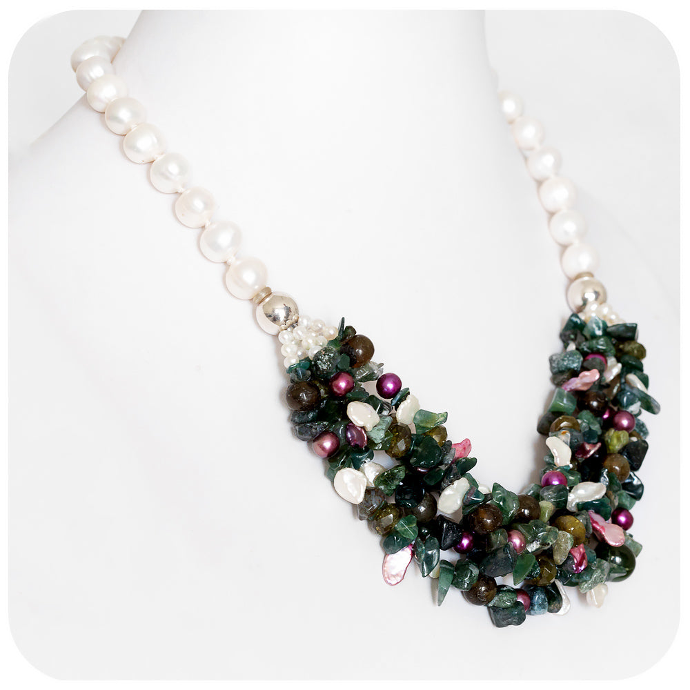 White Fresh Water Pearl, Labradorite and Jasper Necklace - Victoria's Jewellery