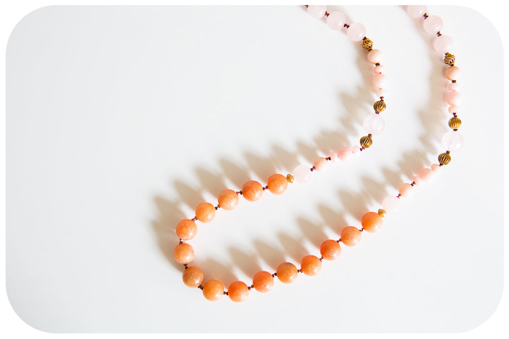 The Pink Opal, Rose Quartz and Orange Calcite Necklace with Gold Details