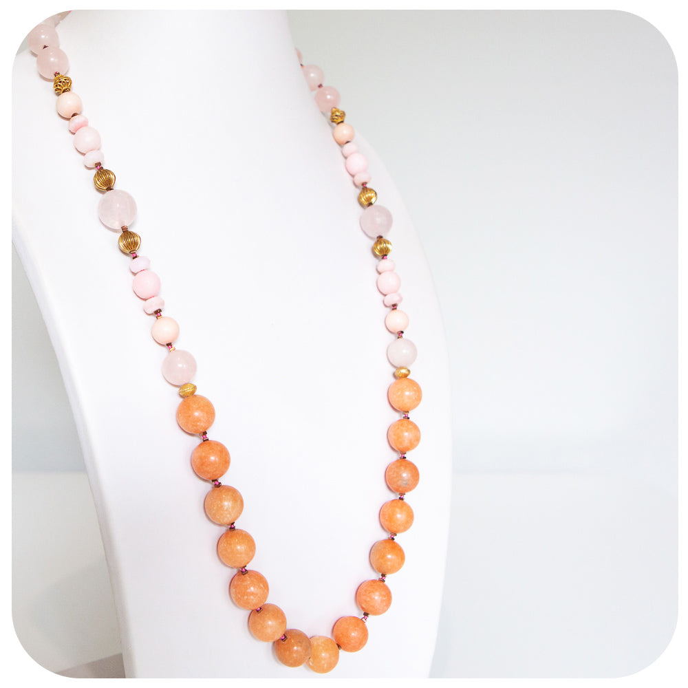 The Pink Opal, Rose Quartz and Orange Calcite Necklace with Gold Details