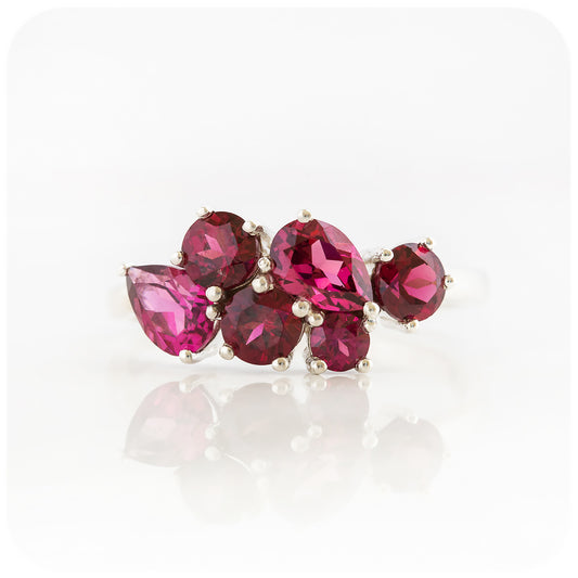 reddish-pink rhodolite garnet cluster anniversary ring
