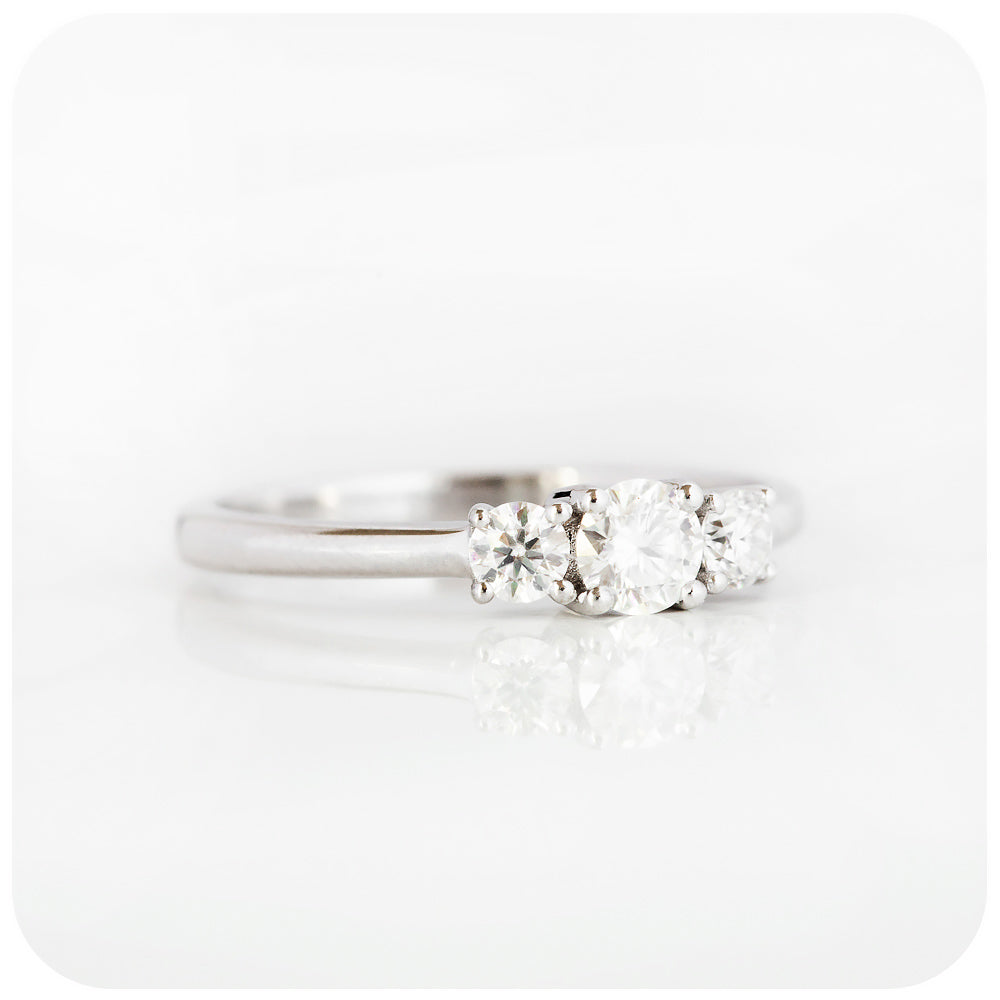 brilliant round cut moissanite trilogy engagement ring - Victoria's Jewellery