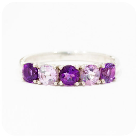 purple and pink amethyst brilliant round cut half eternity anniversary ring