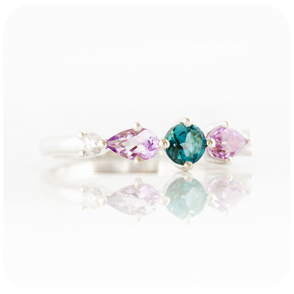 Rina, a Topaz, Amethyst and Moissanite Stack Ring