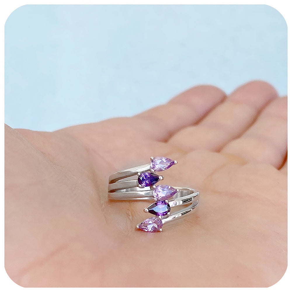 Purple and Pink Amethyst Shooting Star Ring in Sterling Silver