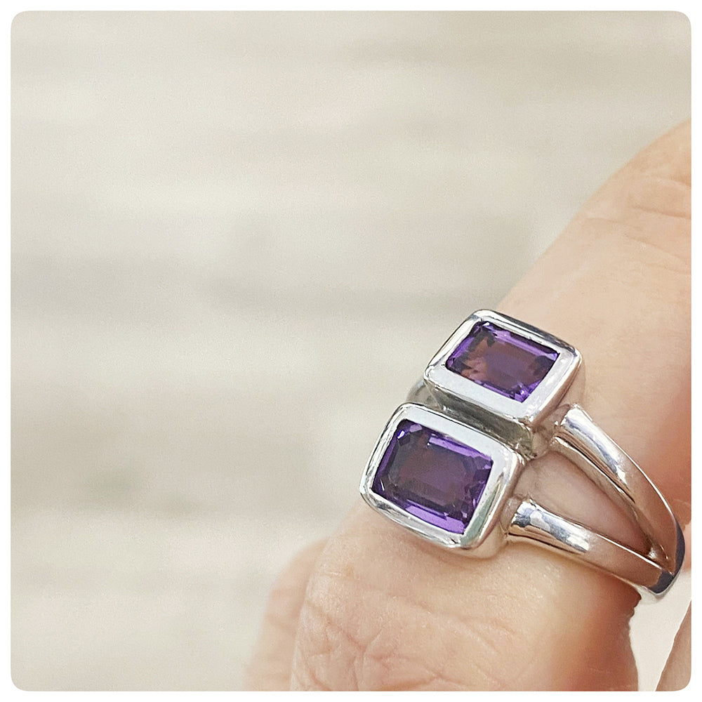 Double Emerald Cut Amethyst Ring in Sterling Silver - Victoria's Jewellery