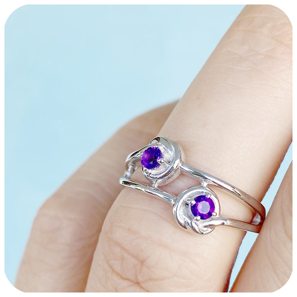 The Love Knot, Double Amethyst Ring in Sterling Silver