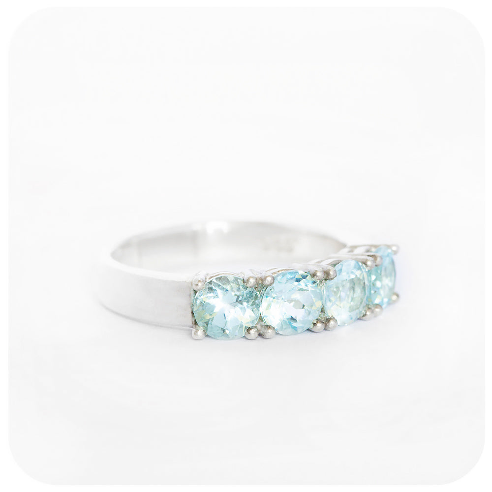 Brilliant round cut Aquamarine half eternity ring - March birthstone - Victoria's Jewellery