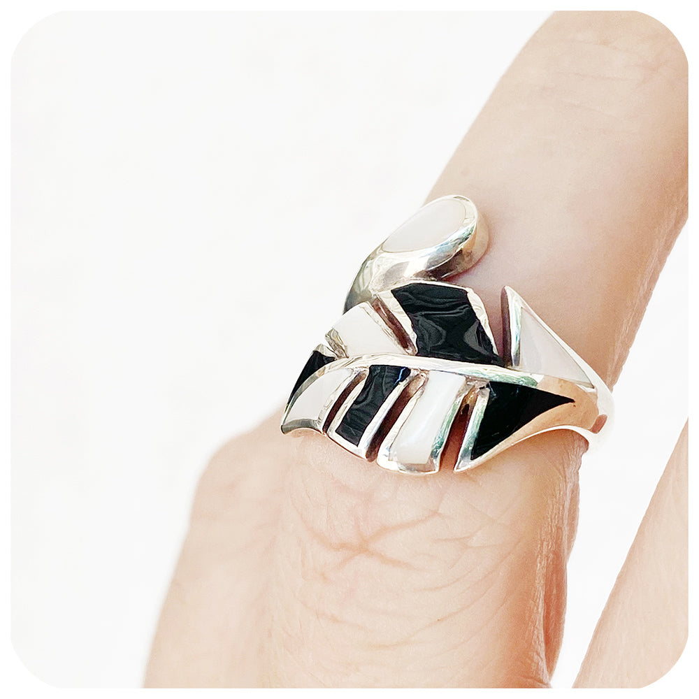 Black and White Mother of Pearl Leaf Ring in Sterling Silver