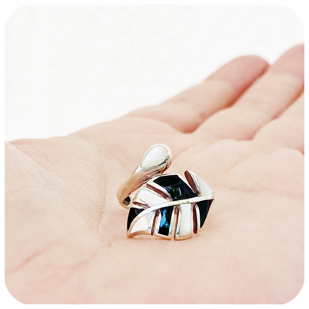 Black and White Mother of Pearl Leaf Ring in Sterling Silver