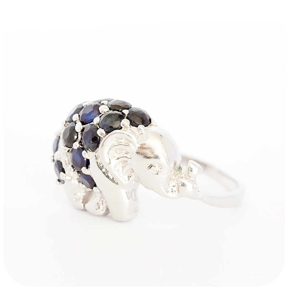 Sterling Silver Elephant Ring with Blue Sapphire gemstones - Victoria's Jewellery