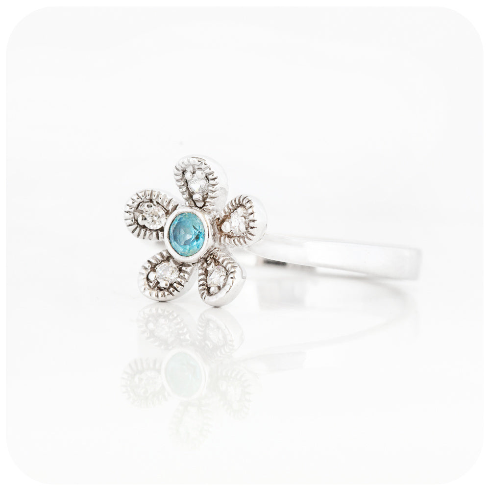 The Flower, Blue Topaz and Cubic Zirconia Ring in Sterling Silver