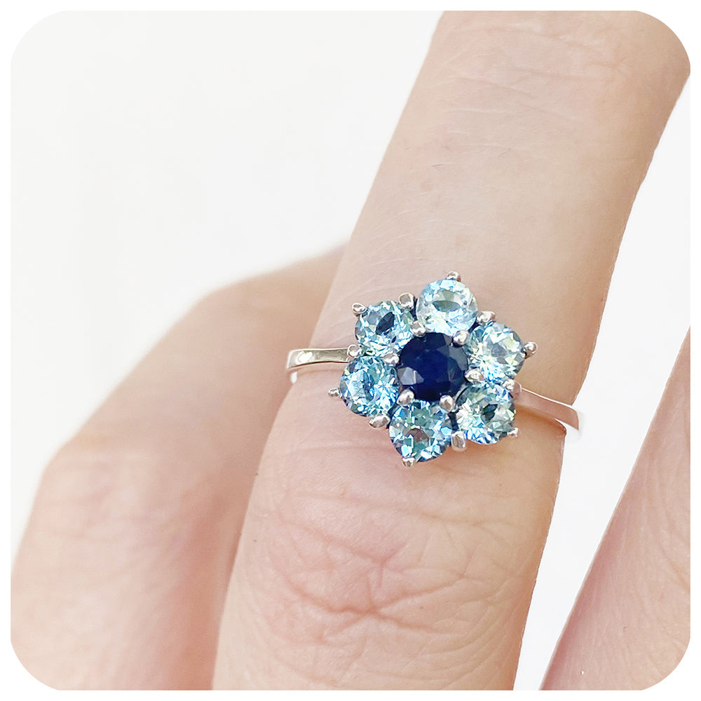 Sky Blue Topaz and Sapphire Flower Ring in Sterling Silver
