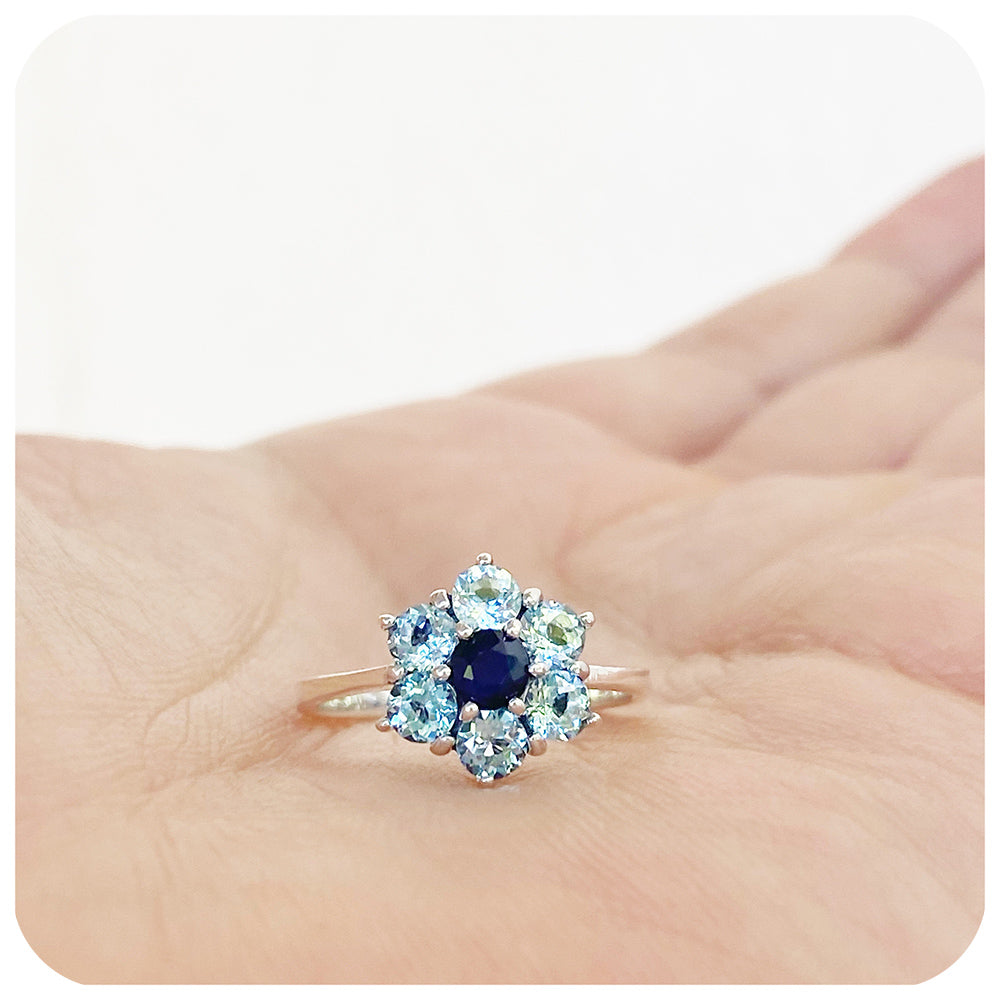 Sky Blue Topaz and Sapphire Flower Ring in Sterling Silver