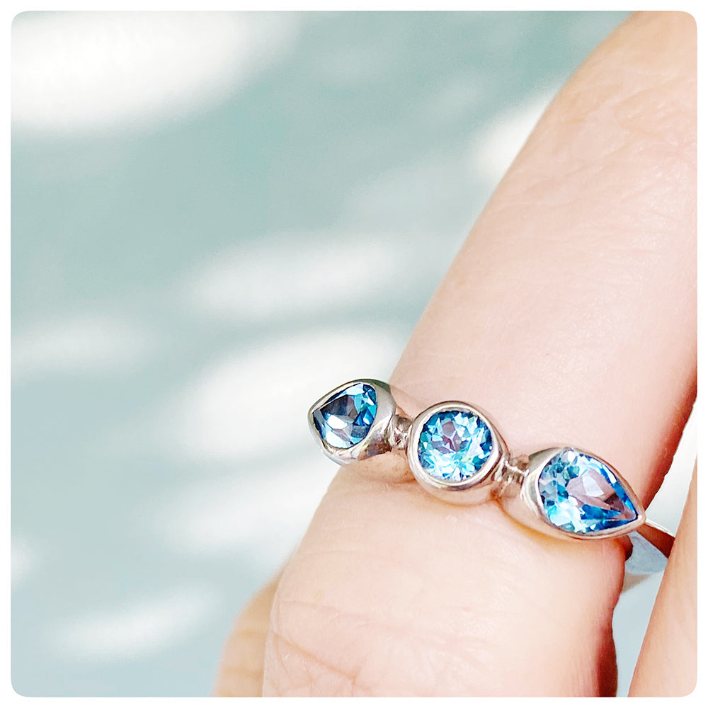Round and Pear cut Swiss Blue Topaz Trilogy Ring