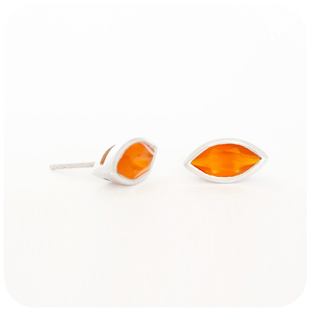 marquise cut orange-red carnelian stud earrings in sterling silver