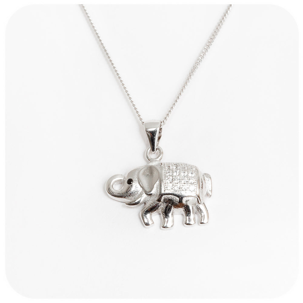 Sterling Silver elephant pendant and chain with cubic zirconia stones - Victoria's Jewellery