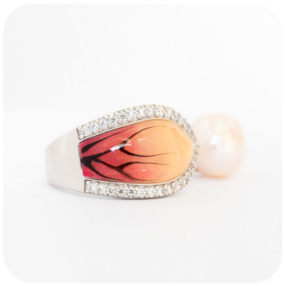 Pearl and Red-Orange Enamel Leaf Ring