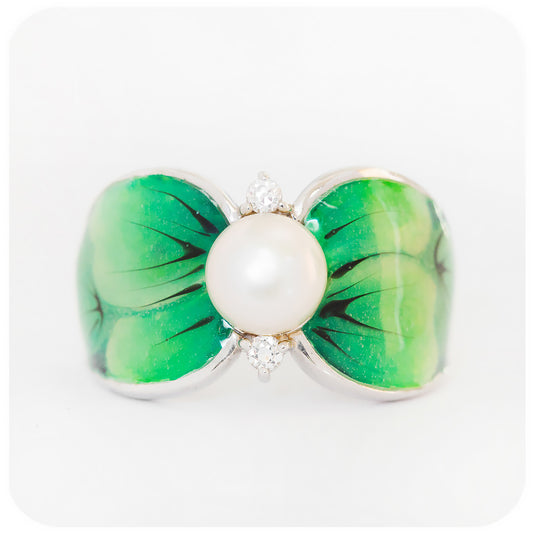 Pearl and Green Enamel Leaf Ring