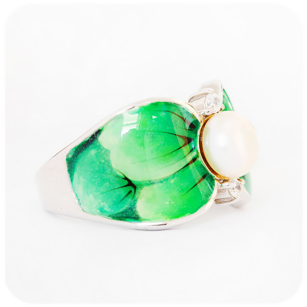 Pearl and Green Enamel Leaf Ring