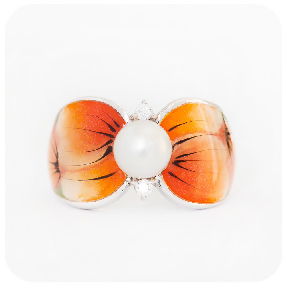 Fresh Water Pearl with Orange Enamel Ring in Sterling Silver