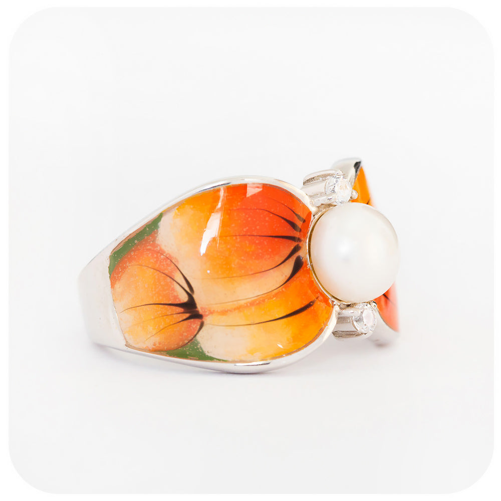 Fresh Water Pearl with Orange Enamel Ring in Sterling Silver