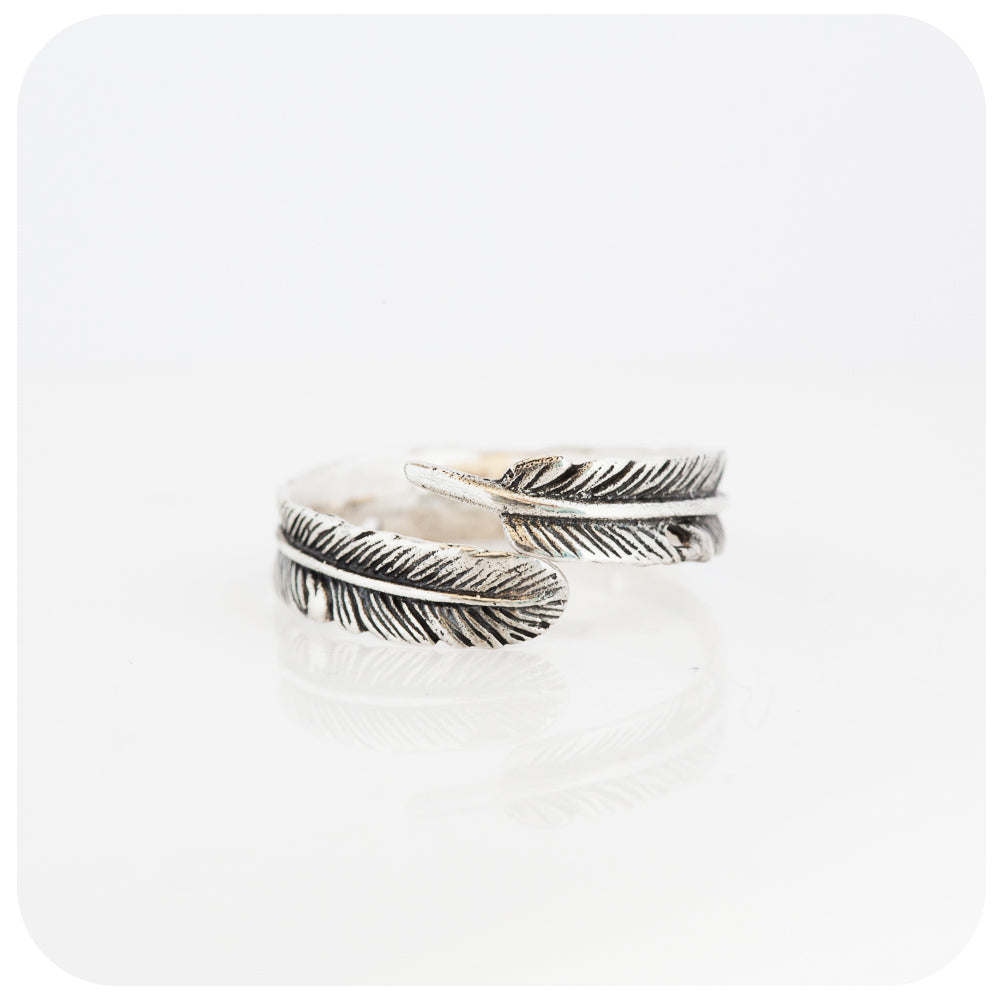 sterling silver feather ring with oxidised details