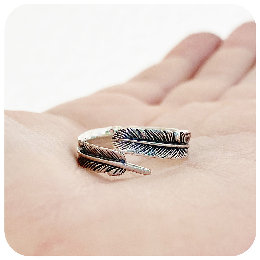 sterling silver feather ring with oxidised details