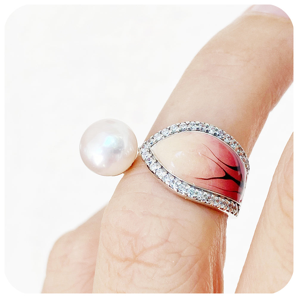 Pearl and Red-Orange Enamel Leaf Ring