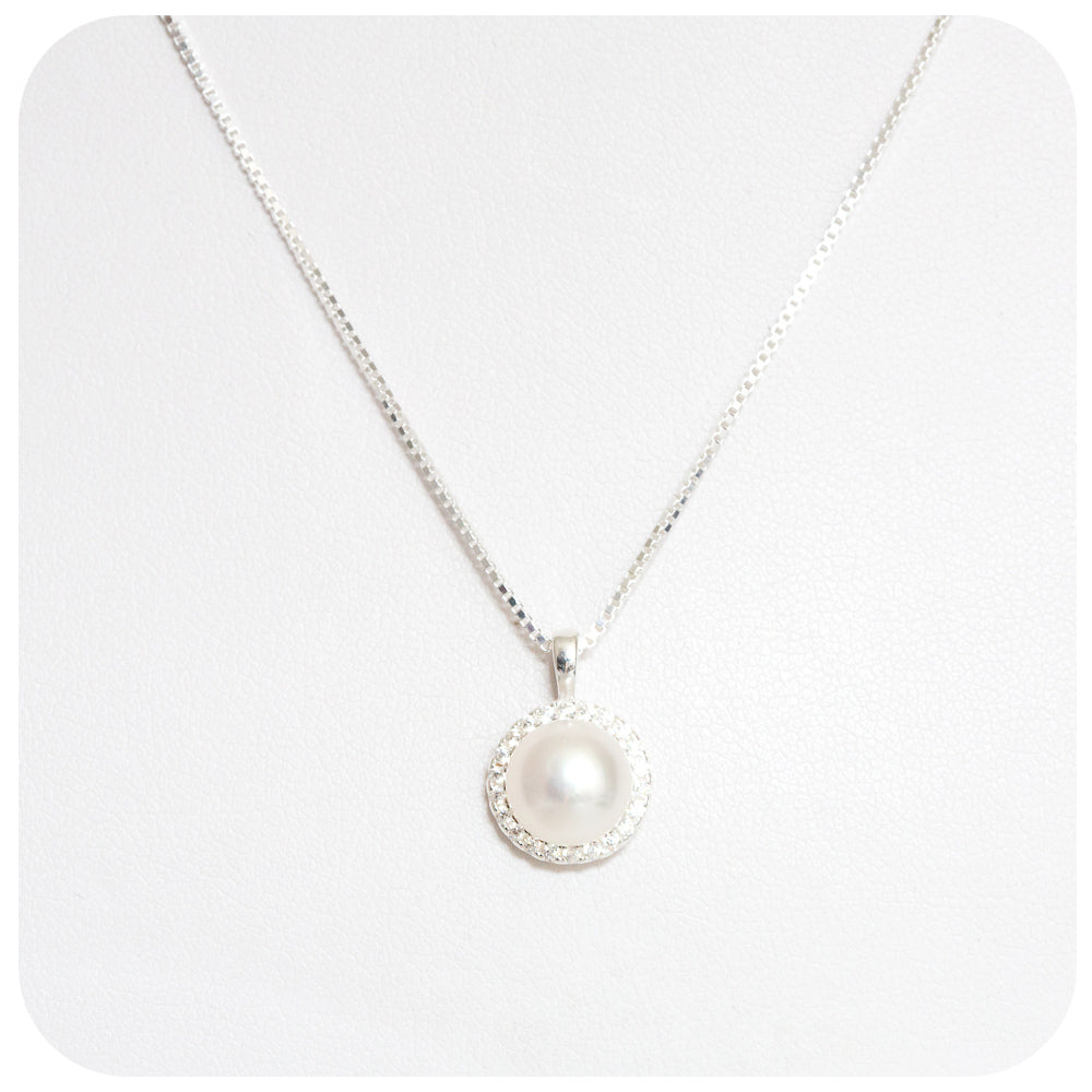 White Fresh Water Pearl and Cubic Zirconia Pendant and Chain in Sterling Silver